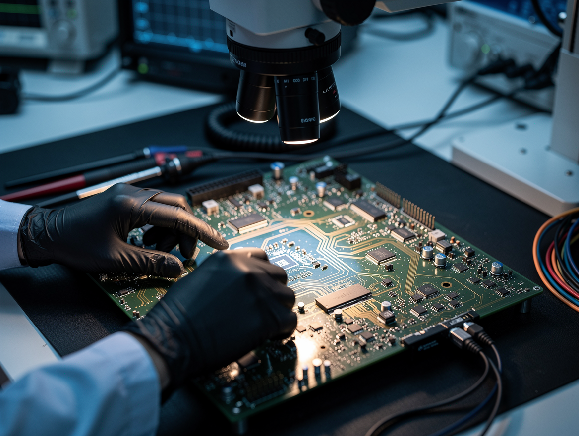 Engineer inspecting PCB board under precision magnification equipment